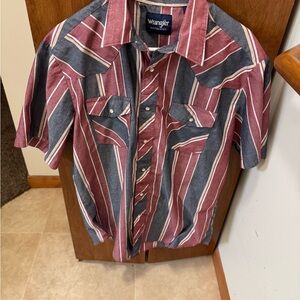 Wrangler Short Sleeve Striped Button-Down Shirt - Burgundy & Blue